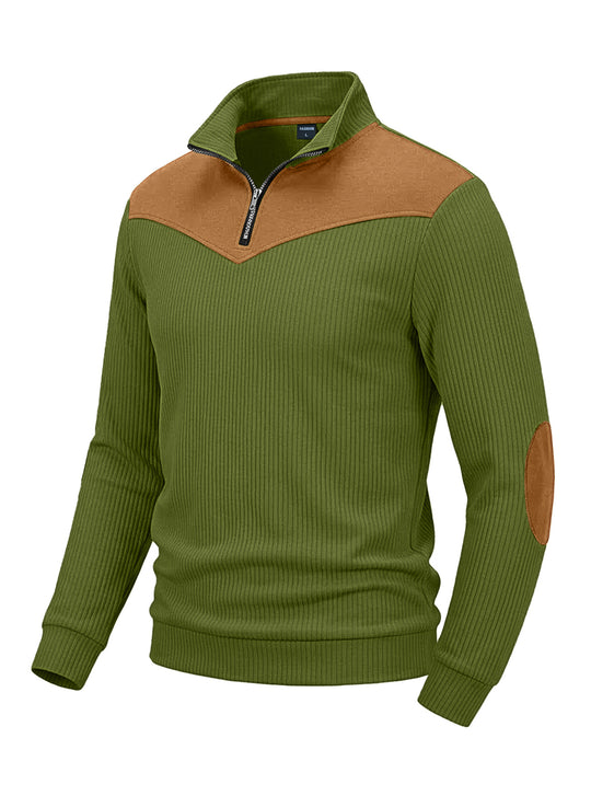 Herren Strickpullover mit Troyerkragen, Rippenstruktur und Ellbogen-Patches EB