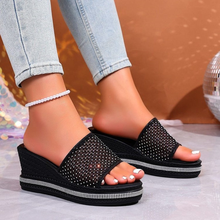 Damen Bequeme Wedge-Pantoletten mit funkelnden Strass-Applikationen EB
