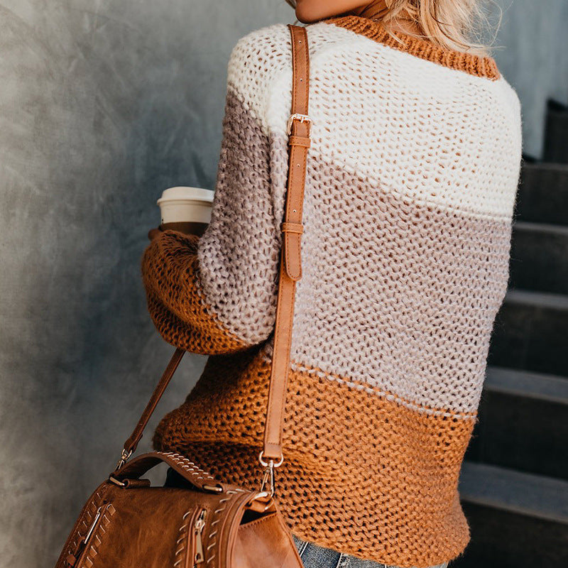 Damen lässiger Pullover mit weitem Schnitt und modischem Farbblockdesign EB
