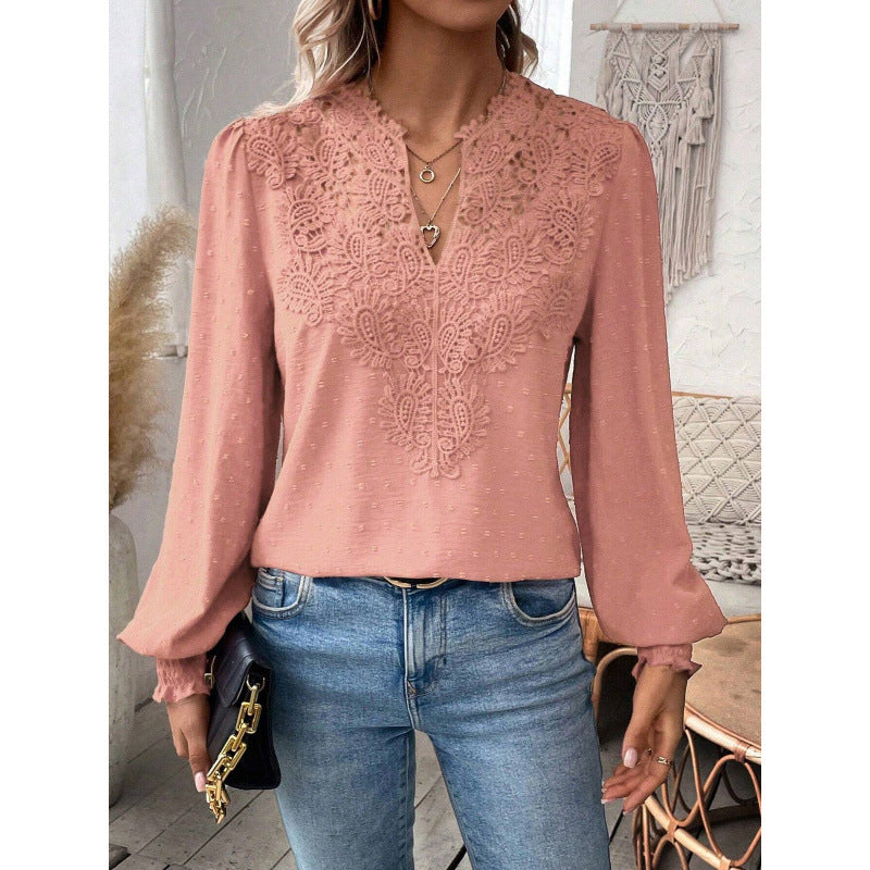 Damen Bluse mit gesticktem V-Ausschnitt und langen Ärmeln EB