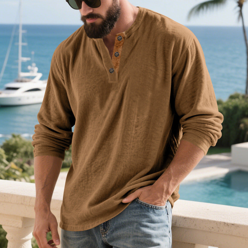Herren Langarm-Henley-Shirt mit strukturiertem Material und modischen Knopfdetails EB