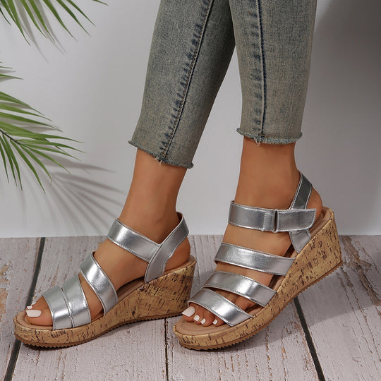 Damen Wedge-Sandalen mit dekorativen Riemen und Korksohle EB