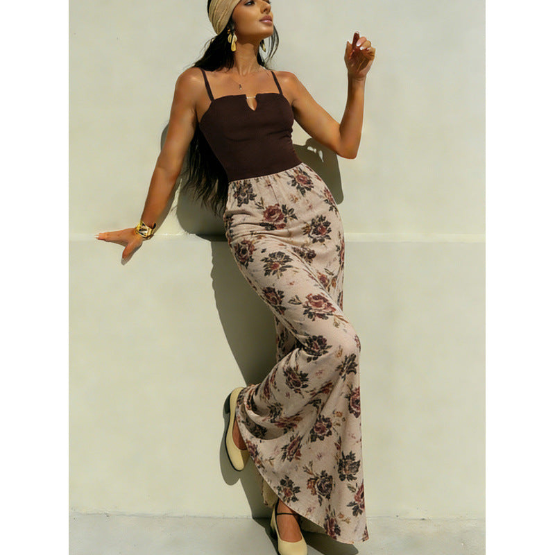 Damen Maxi-Kleid mit modischem Blumenmuster und schmalen Spaghettiträgern EB