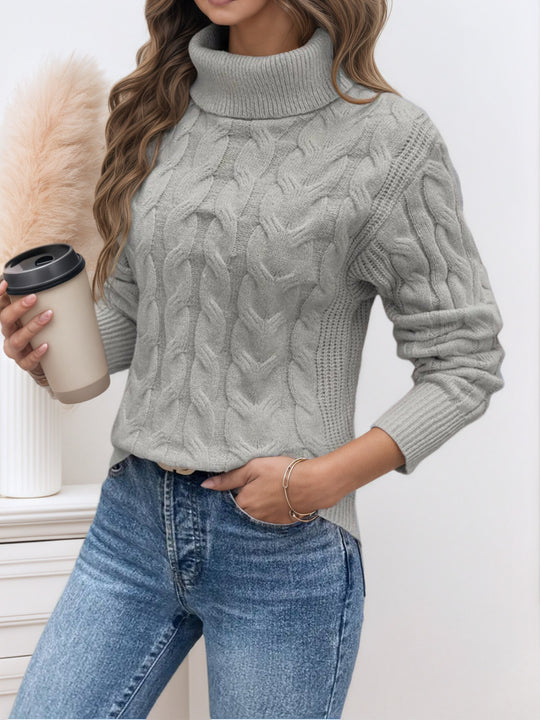 Damen Strickpullover mit hohem Kragen und Zopfmuster EB