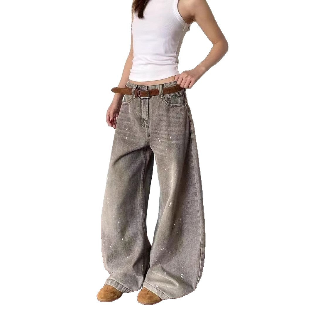 Damen weite Jeanshose im Vintage-Stil mit lässigem Schnitt und kreativen Farbdetails EB