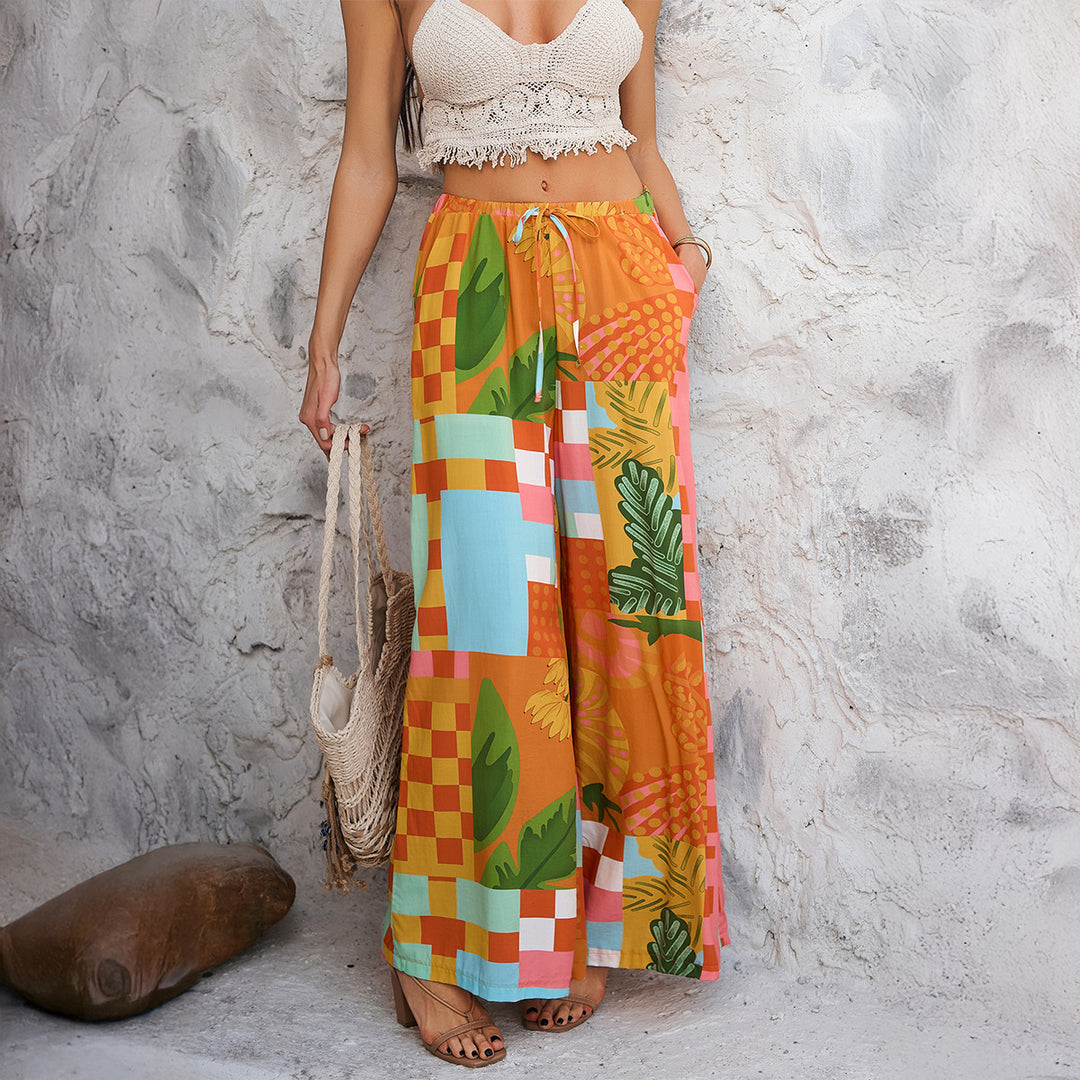 Damen nan weite Palazzo-Hose mit Kordelbund, Eingrifftaschen und mediterranem Kachelprint EB