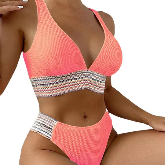 Damen Bikini mit hohem Beinausschnitt und elastischem Streifenmuster EB