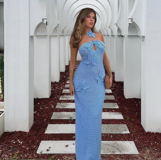 Damen Elegantes Maxikleid mit floralem Häkel-Design EB