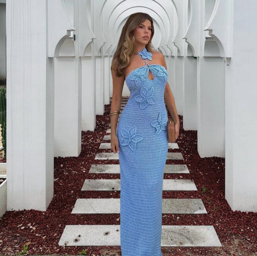 Damen Elegantes Maxikleid mit floralem Häkel-Design EB