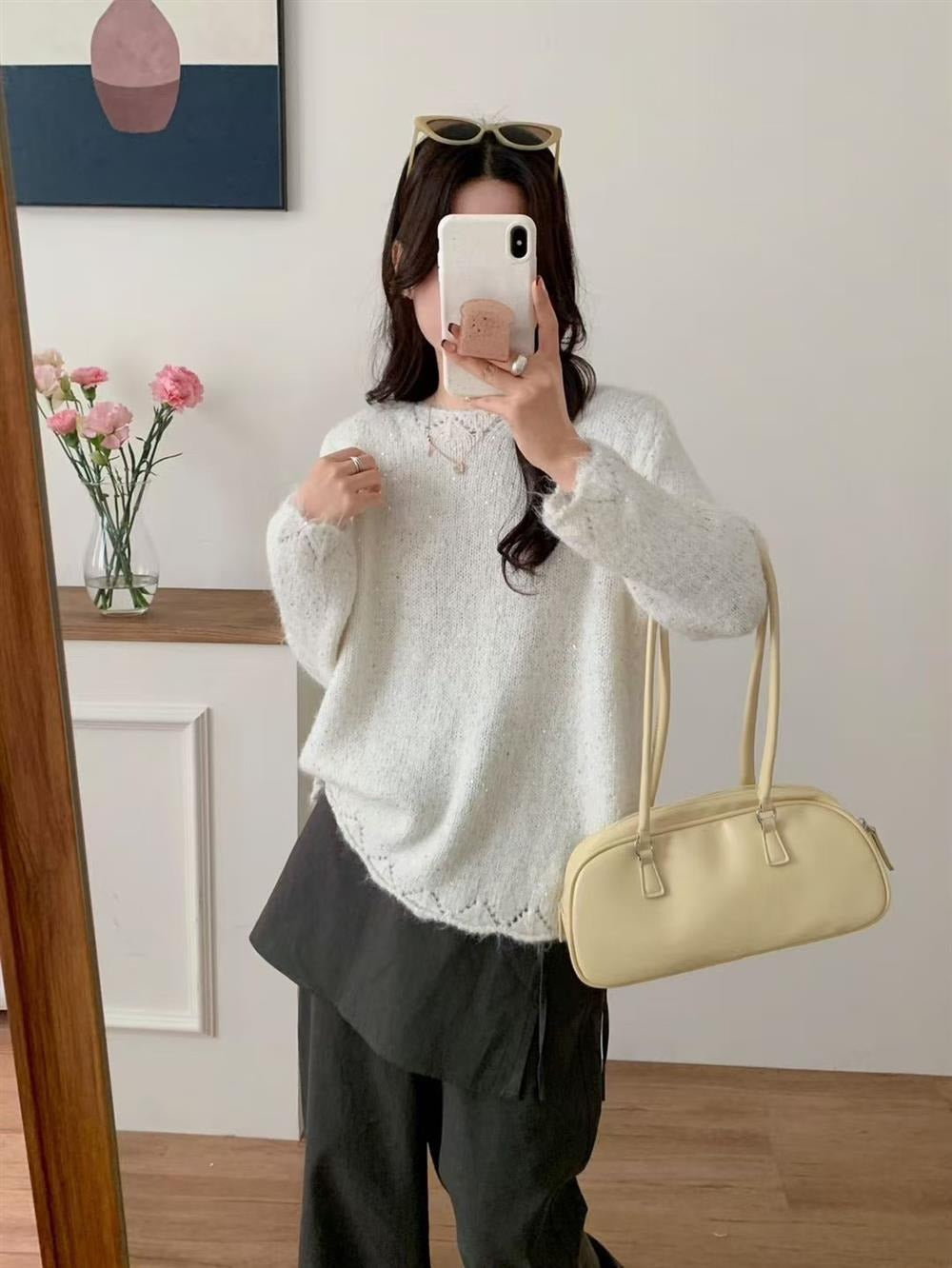 Damen Flauschiger Strickpullover mit glänzenden Akzenten und lockerem Schnitt EB