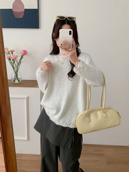 Damen Flauschiger Strickpullover mit glänzenden Akzenten und lockerem Schnitt EB
