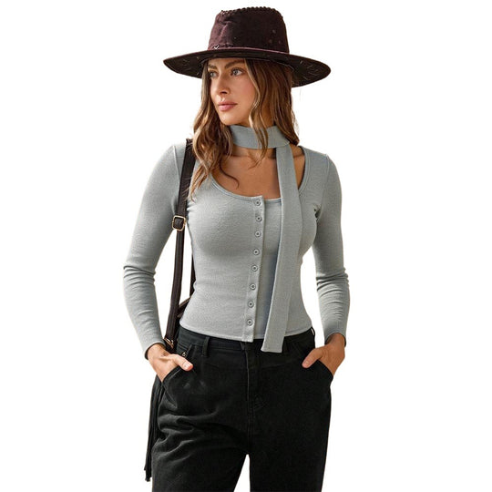 Damen geripptes Langarm-Cardigan-Top mit Knopfleiste, integrierter Schlauchschal und figurbetonter Passform Eichborn Berlin