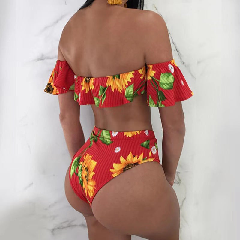 Damen Bikini-Set mit floralem Rüschendesign und hohem Taillenslip EB