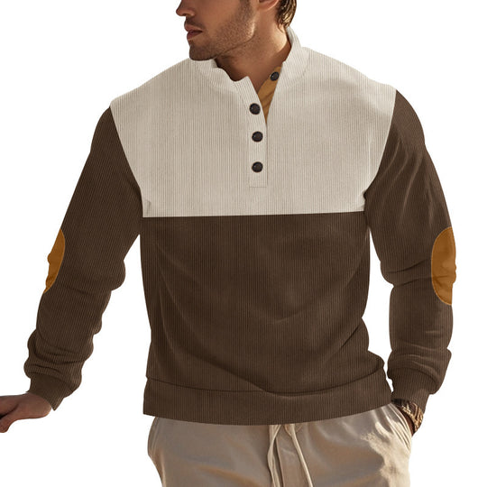 Herren nan Rippenstrickpullover mit Stehkragen Knopfleiste und Leder-Ellbogenpatches EB