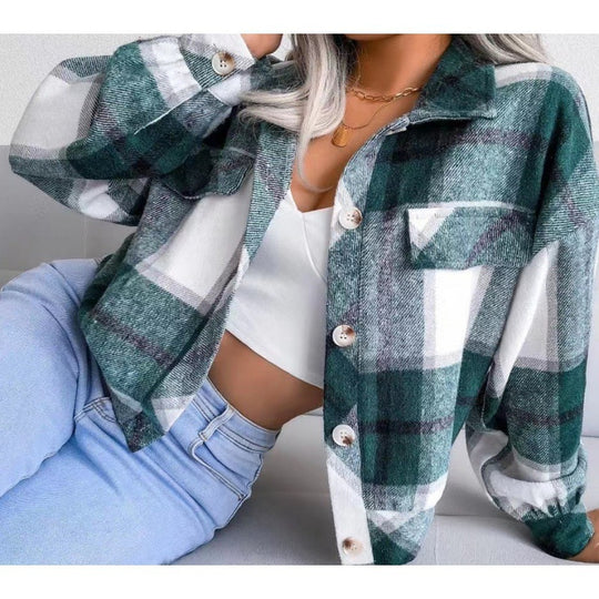 Damen karierte Flanelljacke mit Knopfverschluss und Brusttasche EB
