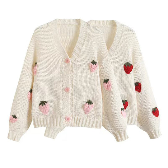 Damen Kurzcardigan mit Erdbeer-Applikationen und grobem Strick EB