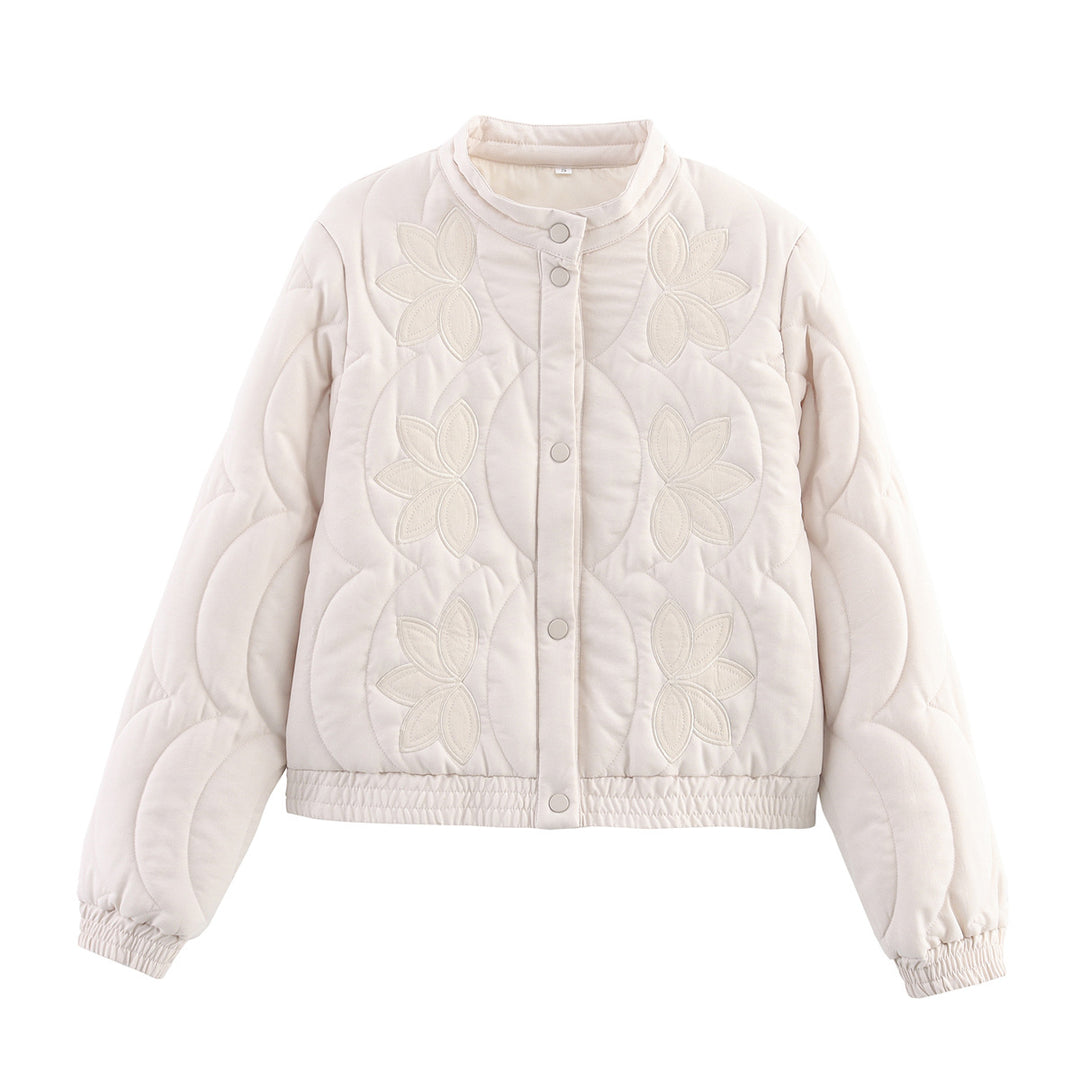 Damen nan gesteppte Kurzjacke mit Stehkragen, floraler Stickerei und elastischem Saum EB