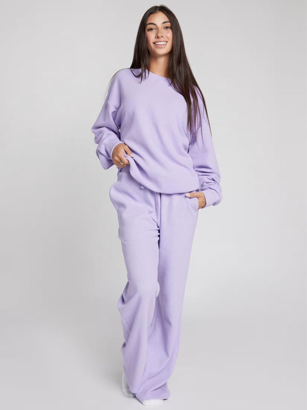 Damen Waffelstrick-Loungewear-Set mit Oversized-Sweater und Kordel-Jogginghose EB