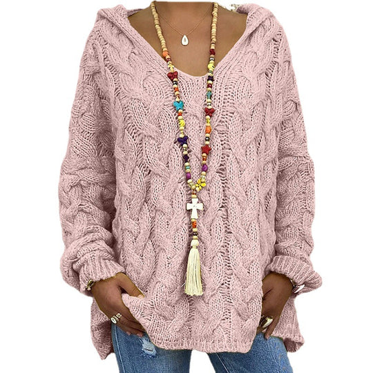 Damen Hoody aus Grobstrick mit V-Ausschnitt und dekorativem Kordelzug EB