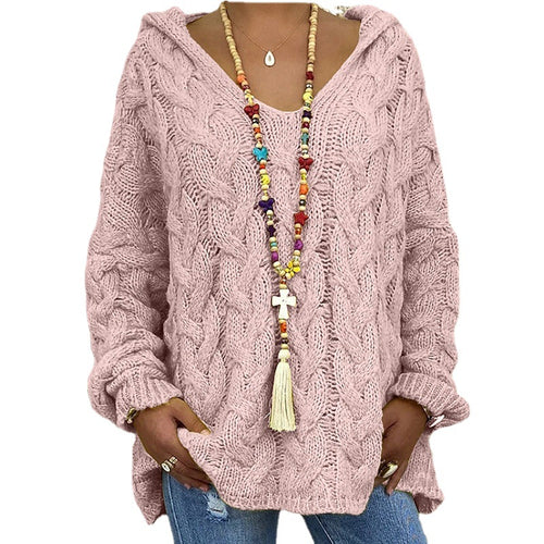 Damen Hoody aus Grobstrick mit V-Ausschnitt und dekorativem Kordelzug EB