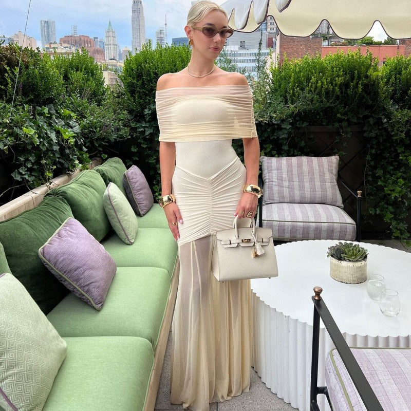 Damen Elegantes Maxi-Kleid mit schulterfreiem Design und Raffungen EB