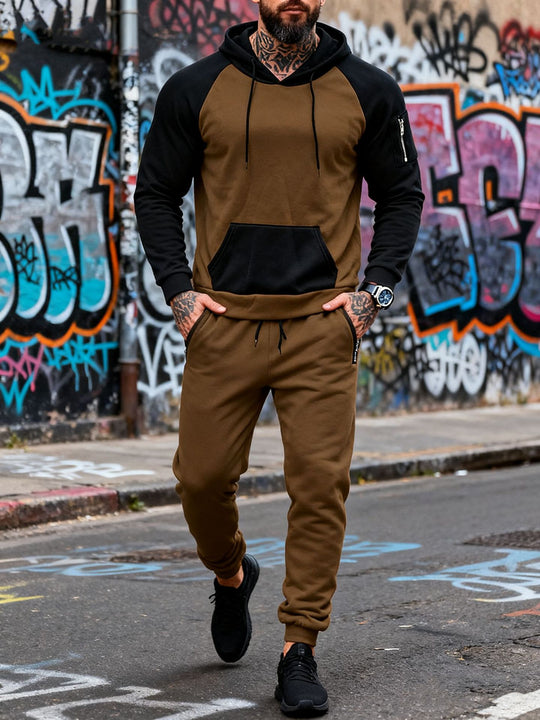Herren nan zweiteiliges Kapuzen-Sweatset mit Raglanärmeln, Ärmel-Zip-Tasche und tapered Jogginghose EB