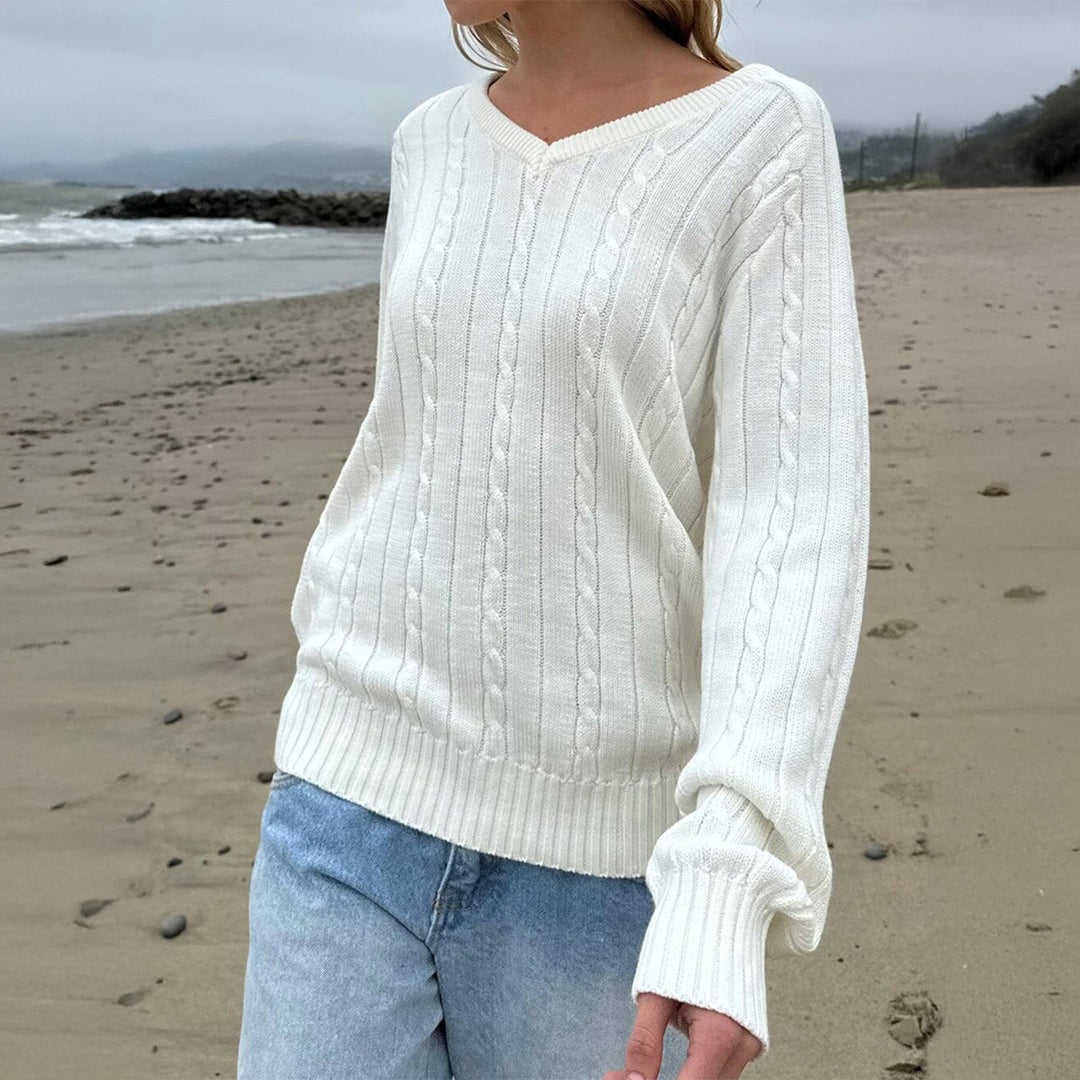 Damen nan feiner Strukturstrick-Pullover mit V‑Neck, Zopfmuster und geripptem Saum EB