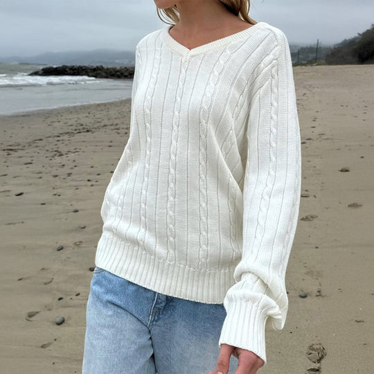 Damen nan feiner Strukturstrick-Pullover mit V‑Neck, Zopfmuster und geripptem Saum EB