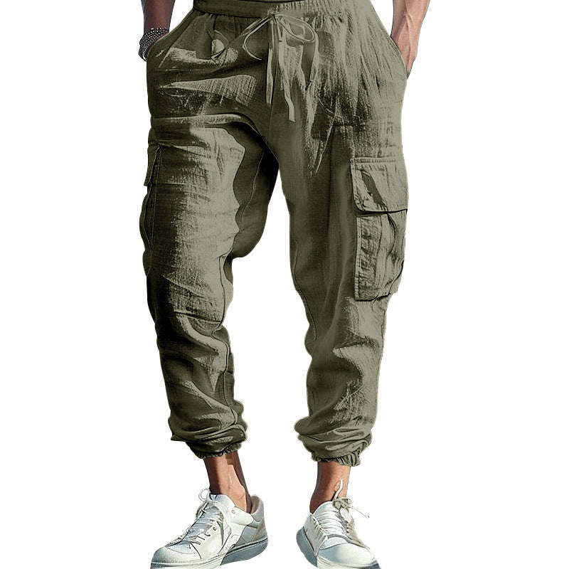Herren bequeme Cargo-Hose aus leichtem Leinenmaterial mit elastischem Bund und praktischen Seitentaschen EB
