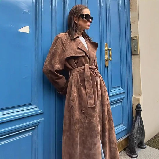 Damen Eleganter Knie-langer Trenchcoat aus Wildlederimitat EB