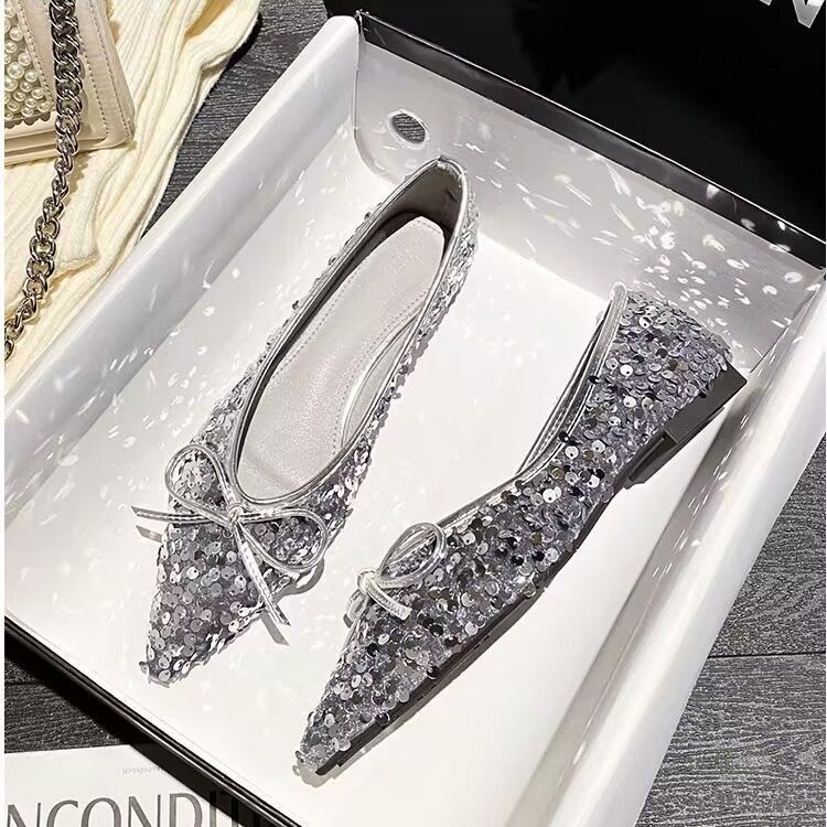Damen funkelnde Ballerinas mit spitzem Zehenbereich und dekorativem Paillettenschmuck EB