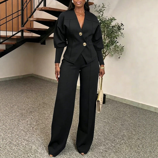 Damen Zweiteiliges tailliertes Blazer‑Hosen‑Set mit goldenen Zierknöpfen und weitem Palazzo-Bein EB
