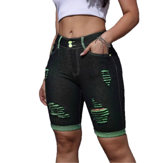 Damen Destroyed Denim-Shorts mit auffälligen Akzenten und hohem Bund EB