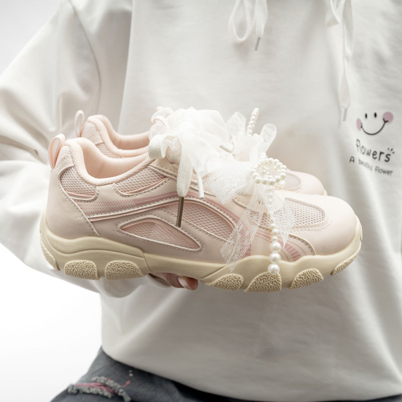 Damen Sportliche Sneakers mit dekorativen Perlenschnürsenkeln und atmungsaktiver Mesh-Oberfläche EB