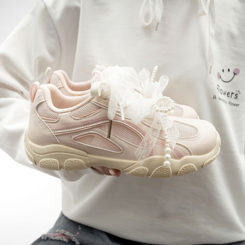 Damen Sportliche Sneakers mit dekorativen Perlenschnürsenkeln und atmungsaktiver Mesh-Oberfläche EB
