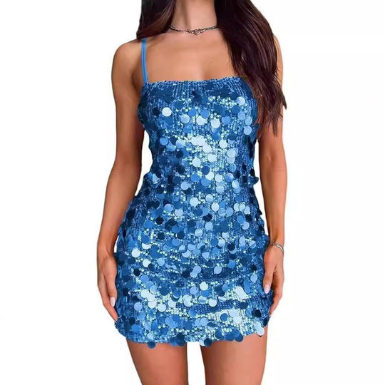 Damen Glitzerndes Minikleid mit Spiralmuster und Spaghettiträgern EB
