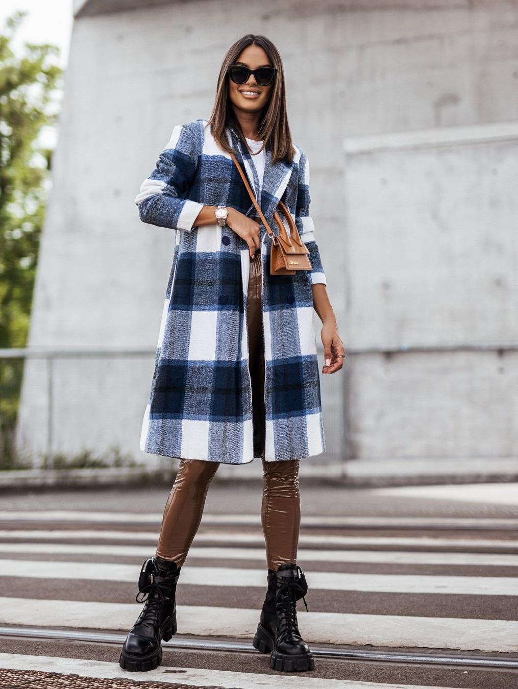 Damen Langer Wollmantel mit kariertem Muster und taillierbarem Gürtel EB