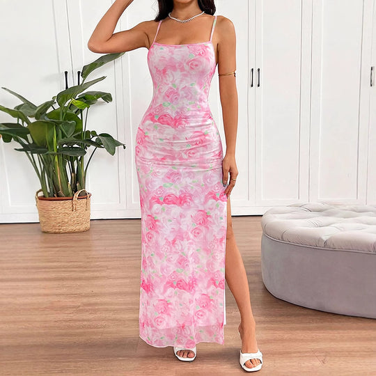 Damen elegantes Blumenmuster Maxikleid EB