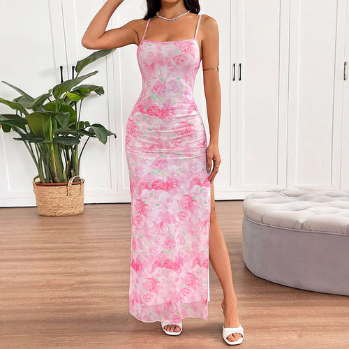 Damen elegantes Blumenmuster Maxikleid EB