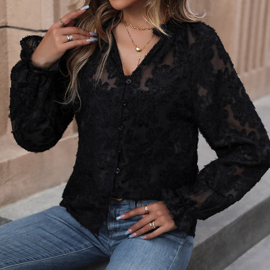 Damen Transparente Chiffon-Bluse mit floraler Flockapplikation, Knopfleiste und Rüschenmanschetten EB