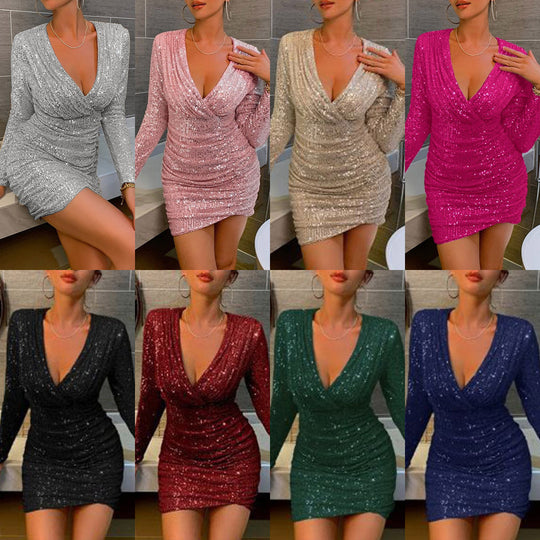 Damen Funkelndes Minikleid mit tiefem V-Ausschnitt und langen Ärmeln EB