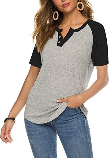 Damen lässiges Kurzarm-Henley-Shirt mit Knopfleiste EB