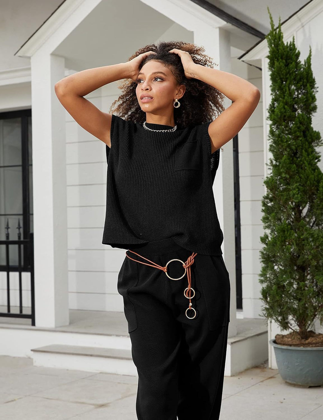 Damen lässiges Strick-Oberteil und weite Hose Set EB