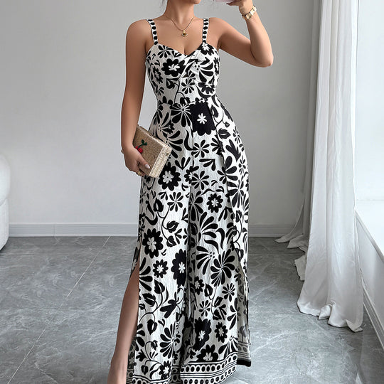Damen Maxikleid mit tiefem Schlitz und floralem Muster EB