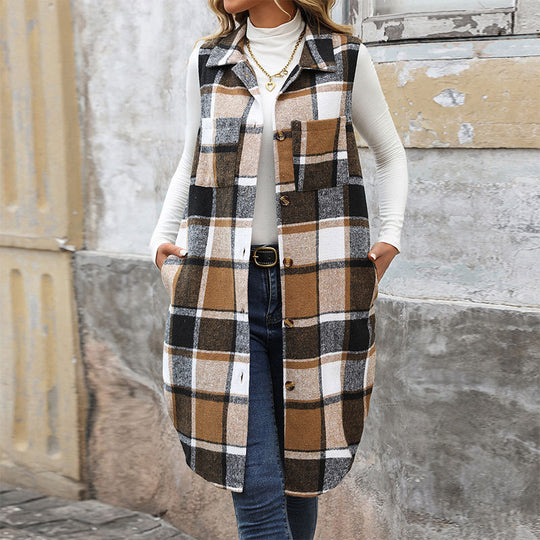 Damen Langarm-Weste mit Karo-Muster und praktischen Taschen EB