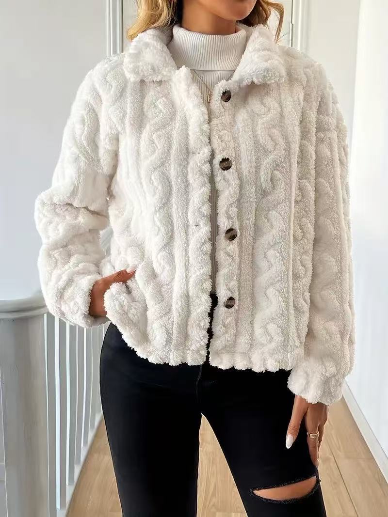 Damen Plüschjacke mit Knopfverschluss und gestreiftem Strukturdesign EB