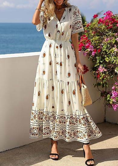 Damen Boho Maxikleid mit floralen Prints und Taillengürtel EB