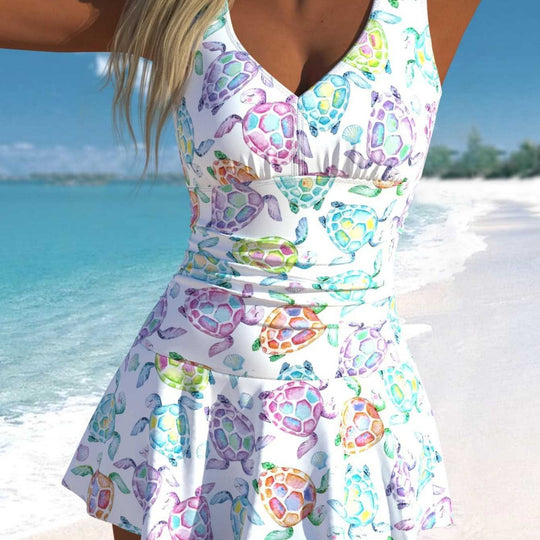 Damen Schwimmdress mit fröhlichem Schildkrötenmotiv und elegantem Rocksaum EB