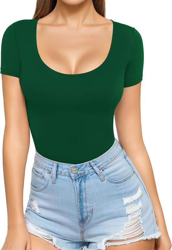 Damen figurbetontes Kurzarm-Body mit rundem Ausschnitt und nahtlosem Design EB