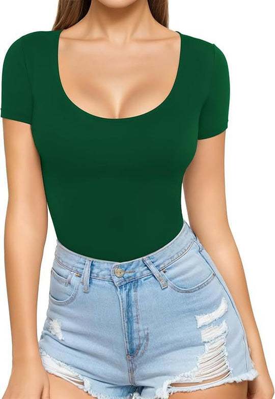 Damen figurbetontes Kurzarm-Body mit rundem Ausschnitt und nahtlosem Design EB